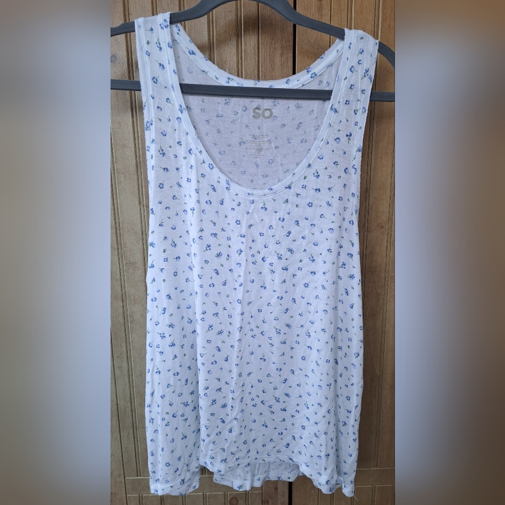 SO Soft White Racerback Tank Top with Blue Flowers Ladies Sz Large